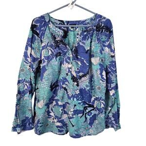 Talbots Band Collar Popover Blouse Women's L Jungle Garden Career Summer Casual
